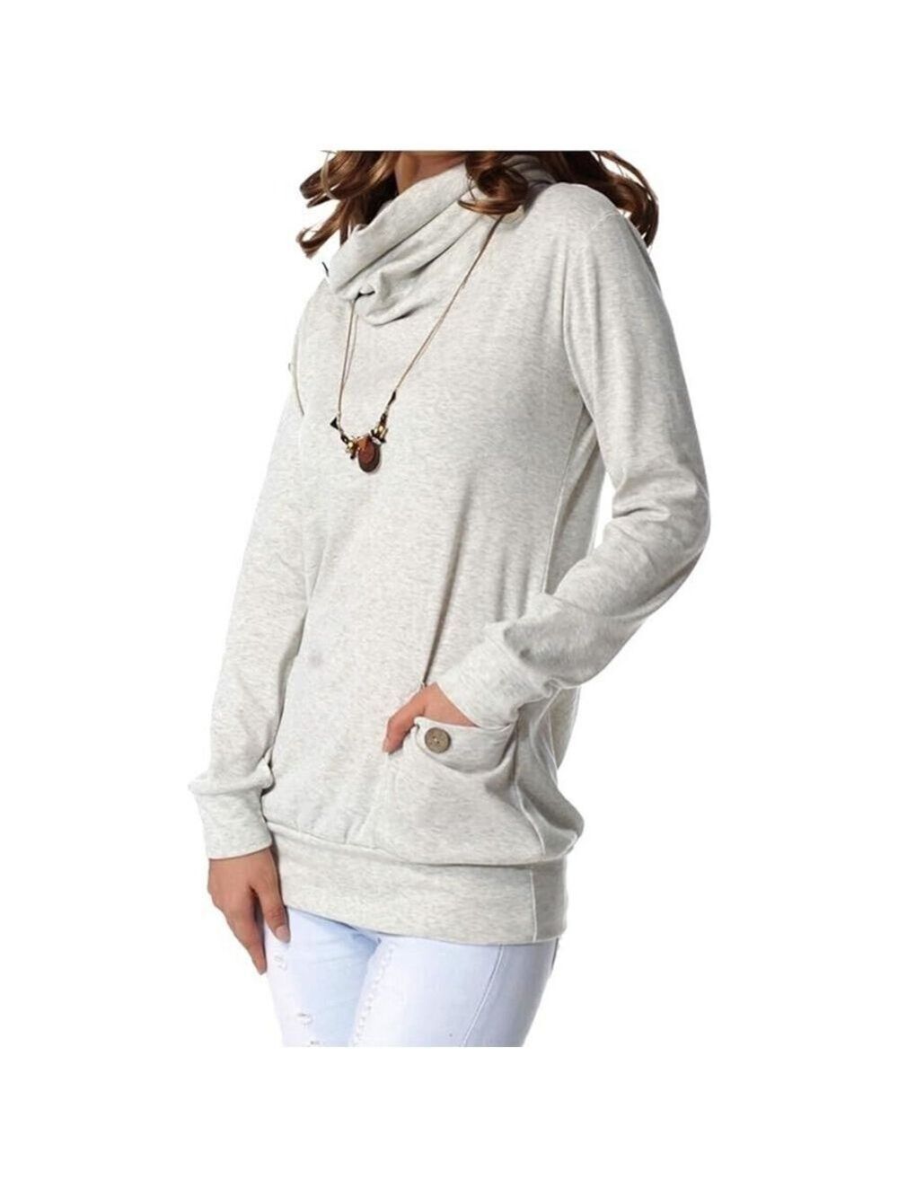 LAINAB Women's Cowl Neck Long Sleeve Tunic Top with Pockets in Light Gray Size S